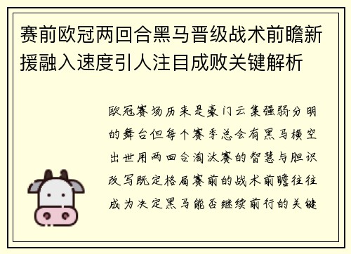 赛前欧冠两回合黑马晋级战术前瞻新援融入速度引人注目成败关键解析 赛前欧冠两回合黑马晋级战术前瞻新援融入速度引人注目成败关键解析
